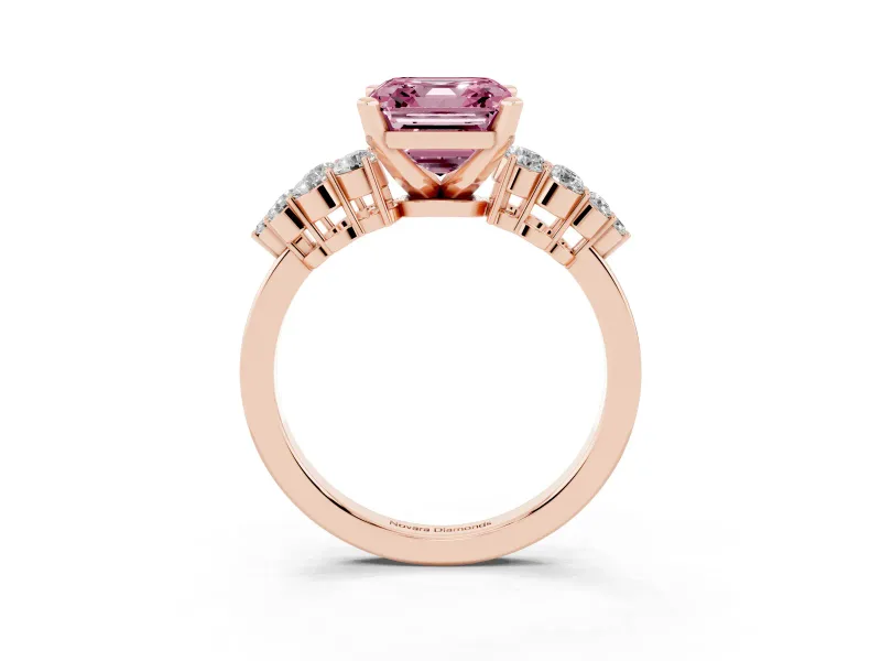 Asscher Cut Side Stone Engagement Ring Setting for a Fancy Pink Lab-Grown Diamond | Shoulder Clusters | Rose Gold