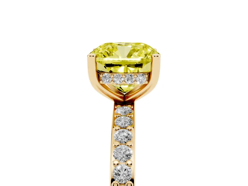 Fancy Yellow Cushion Cut Diamond Pavé Band Ring Set in Yellow gold with Prong-Set Center Stone
