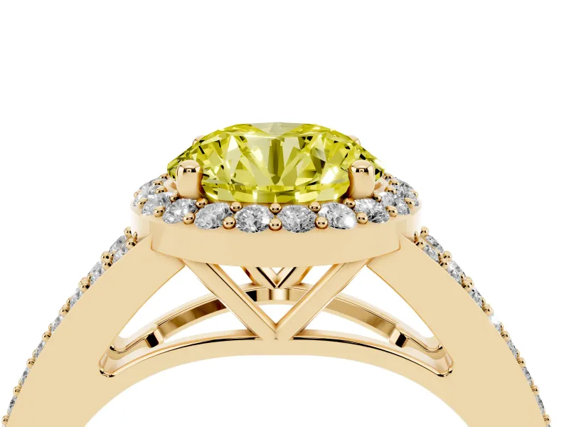 Fancy Yellow Round Cut Diamond Halo Split Shank Ring Set in Yellow gold with Accent Stones and Prong Setting