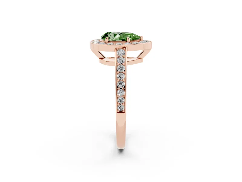 Fancy Green Pear Cut Diamond Halo Pavé Engagement Ring Set in Rose gold with Bezel Setting