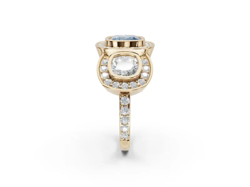 Cushion Cut Three Stone Halo Engagement Ring Setting for a Fancy Blue Lab-Grown Diamond | Bezel Set | Yellow Gold