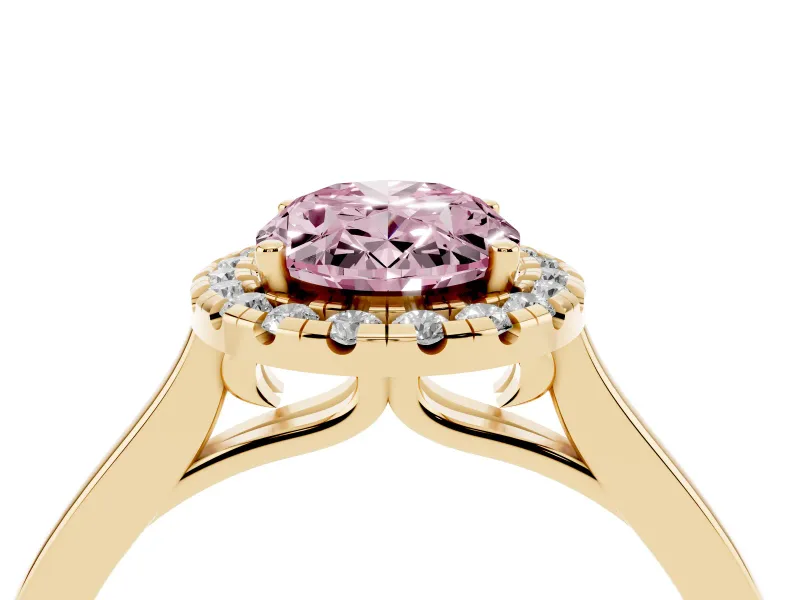 Fancy Pink Oval Cut Halo Round Diamond Solitaire Ring Set in Yellow gold with Pavé Band and Prong Setting