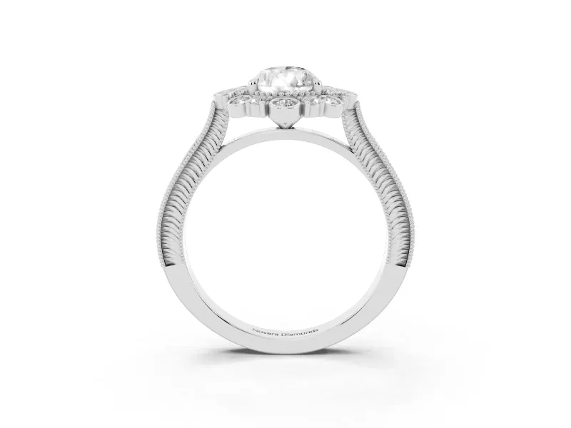 Pear Cut Diamond Halo Milgrain Pavé Ring Set in White gold with Prong Setting