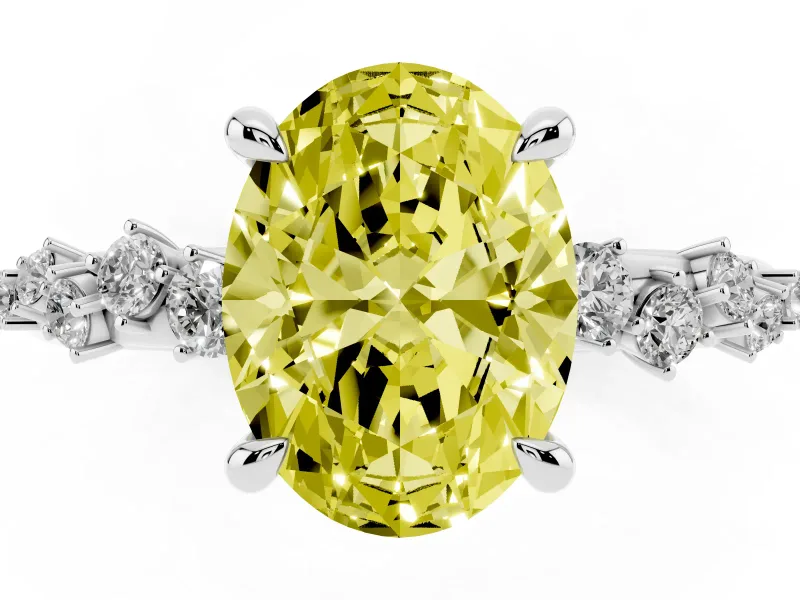 Fancy Yellow Oval Cut Diamond Solitaire Vine Band Ring Set in Platinum with Round Accents and Prong Setting