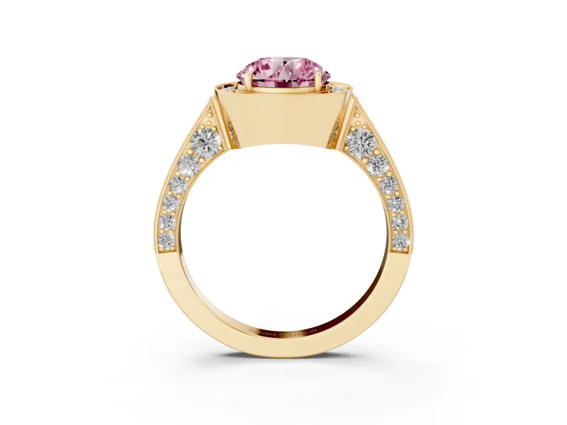 Round Milgrain Halo Engagement Ring Setting for a Fancy Pink Lab-Grown Diamond | Side Stones | Yellow Gold