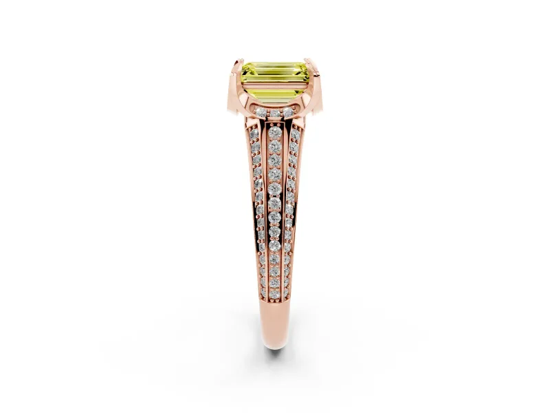Emerald Cut Hidden Halo Engagement Ring Setting for a Fancy Yellow Lab-Grown Diamond | Triple Row Pavé Band | Rose Gold