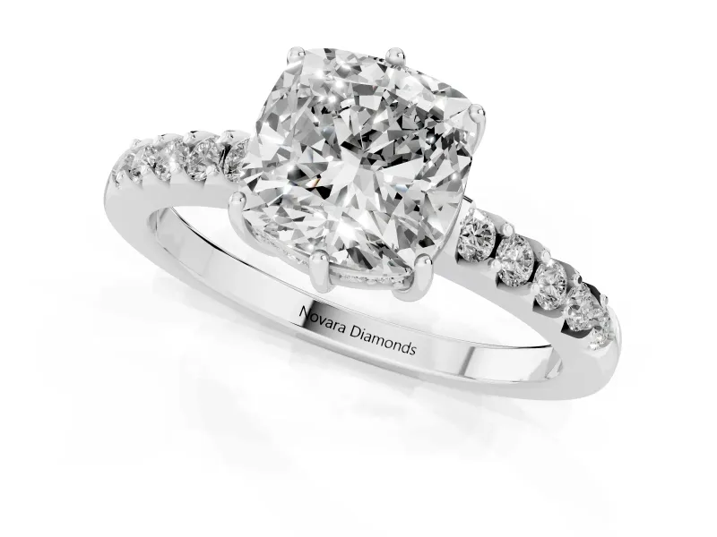 Cushion Cut Hidden Halo Solitaire Engagement Ring Setting | Shared Prong Band | White Gold