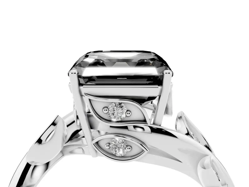 Asscher Cut Twisted Bypass Engagement Ring Setting for a Black Center | Accented Leaves | Platinum
