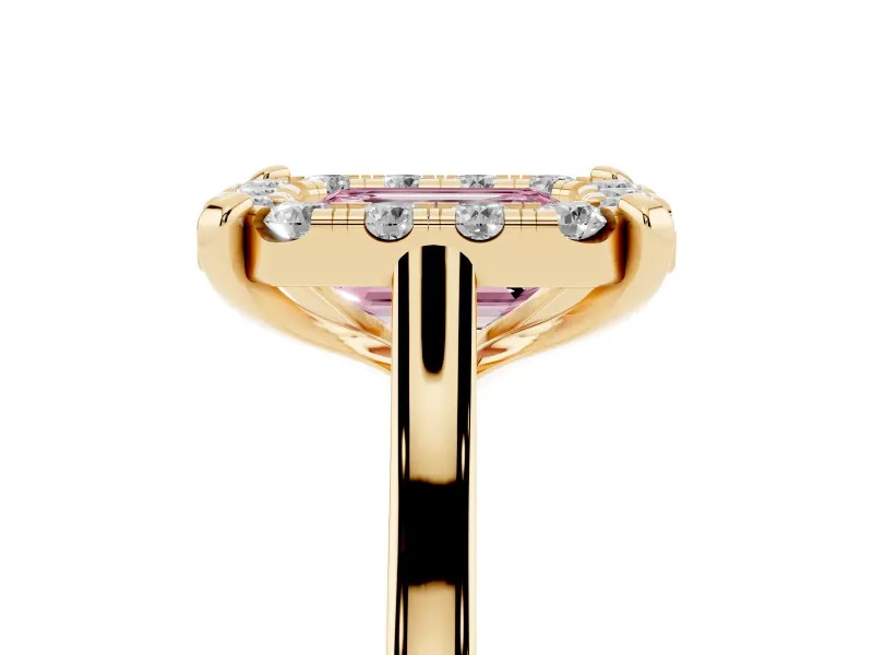Emerald Cut Claw Corner Halo Engagement Ring Setting for a Fancy Pink Lab-Grown Diamond | Slim Plain Band | Yellow Gold