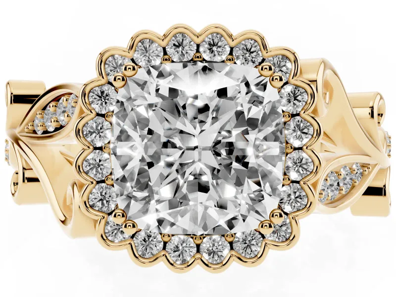 Cushion Cut Vintage Leaf Halo Engagement Ring Setting | Graduated Vine Shank | Yellow Gold
