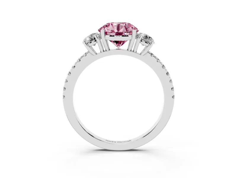 Round Three Stone Engagement Ring Setting for a Fancy Pink Lab-Grown Diamond | Pave Shoulders | White Gold