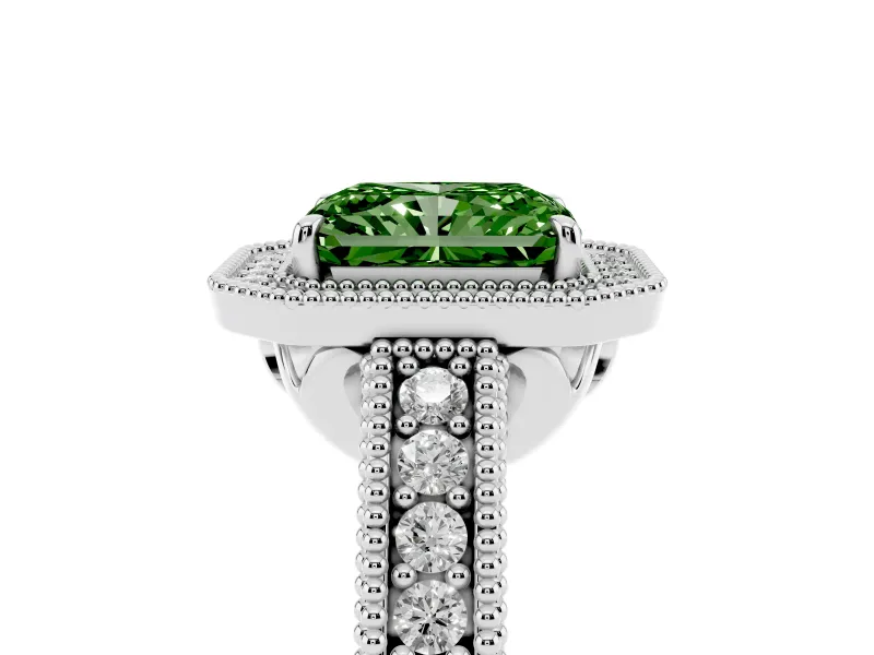 Fancy Green Radiant Cut Diamond Halo Ring Set in White gold with Round Accent Halo, Pavé Band and Prong Setting