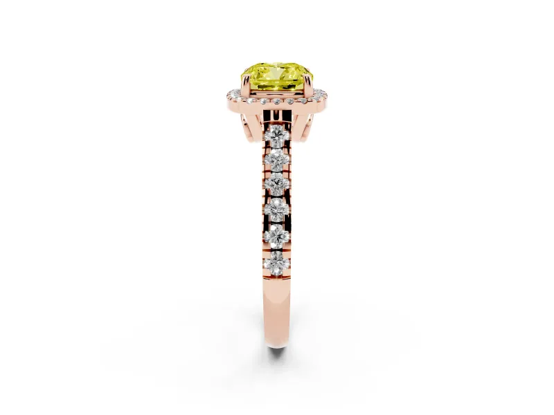 Cushion Cut Accented Halo Engagement Ring Setting for a Fancy Yellow Lab-Grown Diamond | Rose Gold