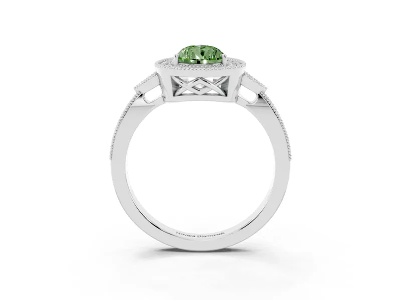 Fancy Green Pear Cut Diamond Halo Engagement Ring Set in White gold with Milgrain Pavé Band