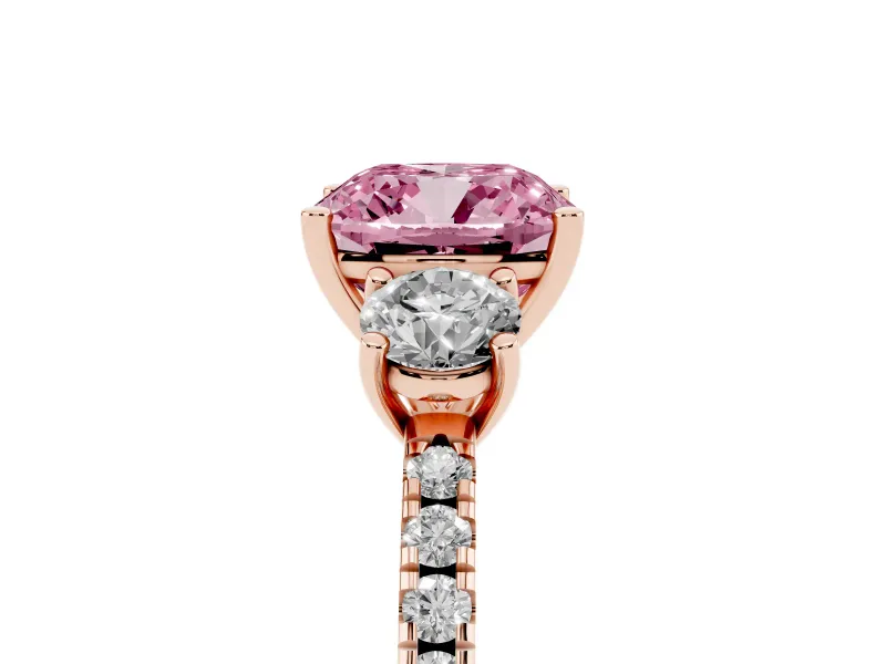 Cushion Cut Three Stone Engagement Ring Setting for a Fancy Pink Lab-Grown Diamond | Pave Shoulders | Rose Gold