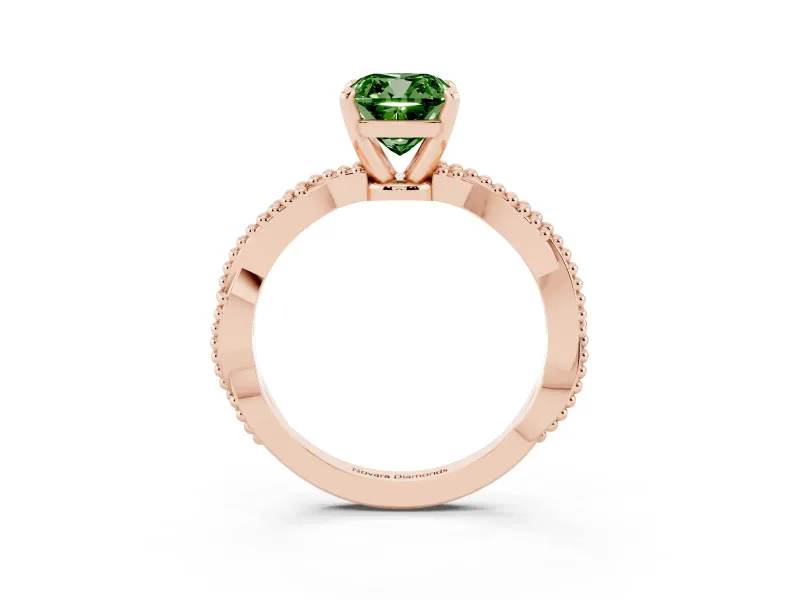 Fancy Green Cushion Cut Diamond Solitaire Ring Set in Rose gold with Twisted Band and Bead Prong Setting