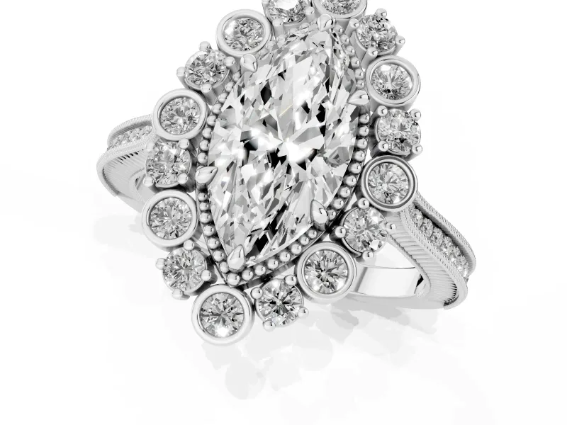 Marquise Cut Diamond Halo Milgrain Pavé Ring Set in Platinum with Prong Setting