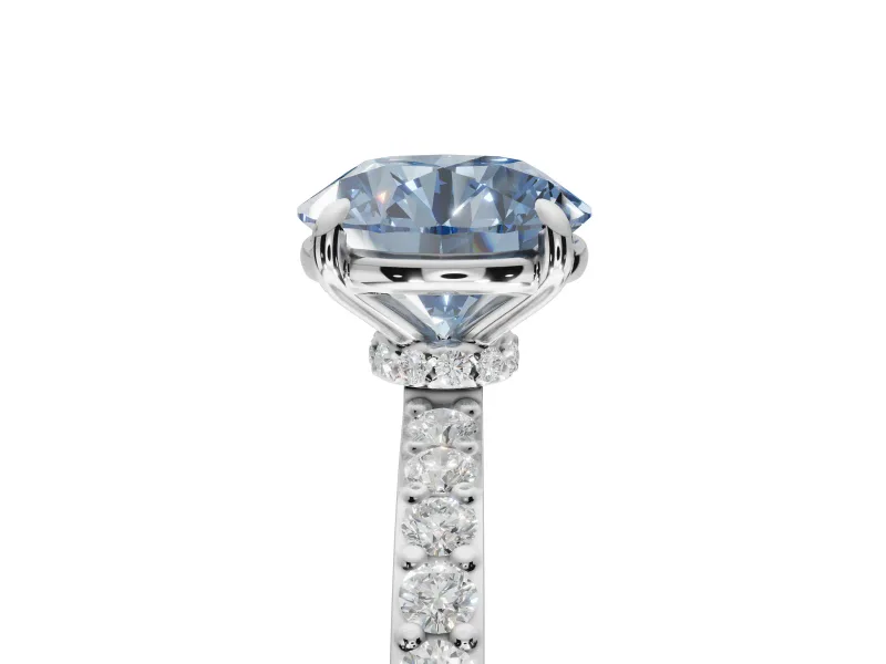 Round Hidden Halo Engagement Ring Setting for a Fancy Blue Lab-Grown Diamond | Pavé Band | Sterling Silver
