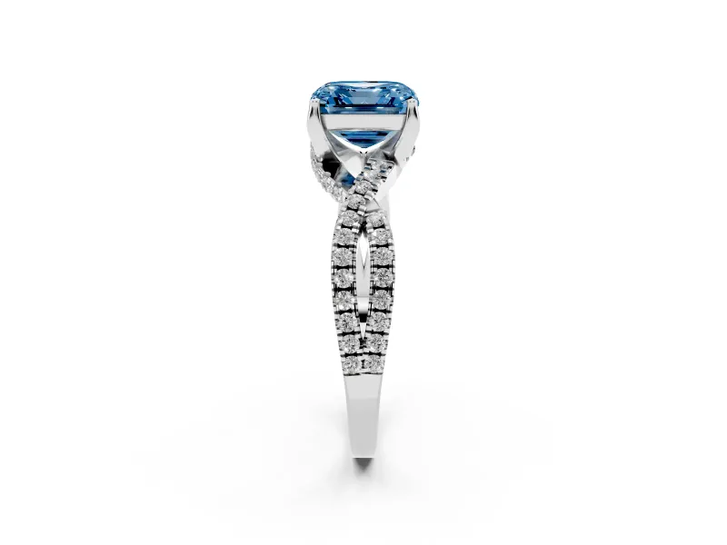 Fancy Blue Asscher Cut Diamond Twist Pavé Solitaire Engagement Ring Set in Silver with Prong Setting
