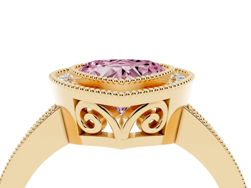 Fancy Pink Heart Cut Diamond Halo Ring Set in Yellow gold with Pavé Band and Milgrain-Edged Prongs