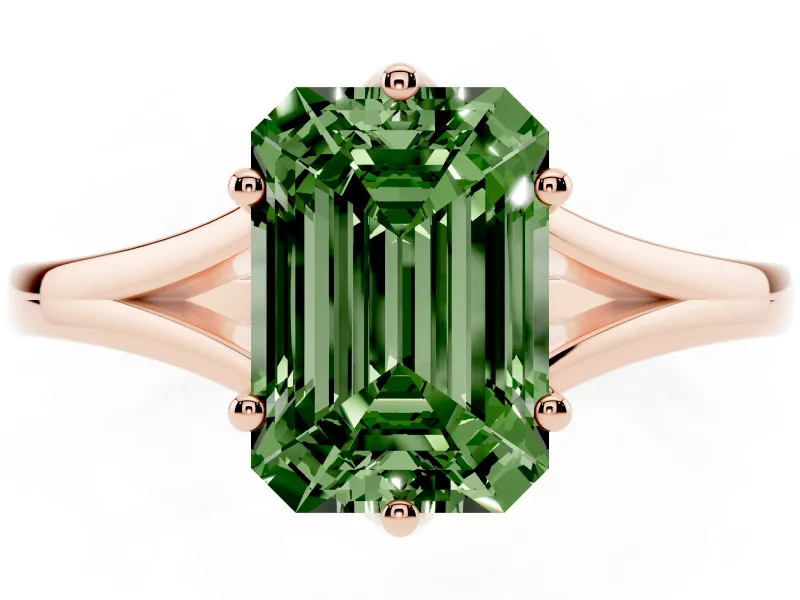 Fancy Green Emerald Cut Diamond Solitaire Ring Set in Rose gold with Polished Tapered Band and Prong Setting