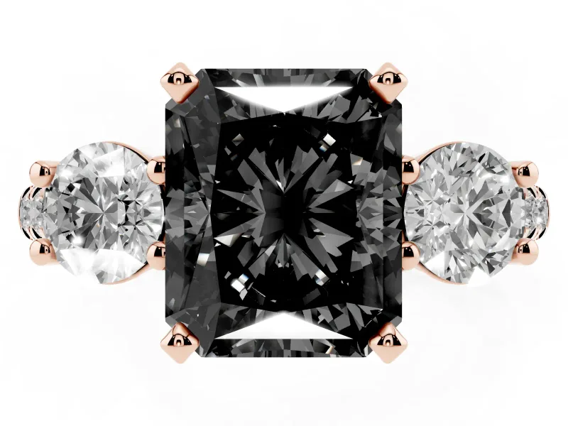 Radiant Cut Three-Stone Engagement Ring Setting for a Black Center | Pavé Shoulders | Rose Gold