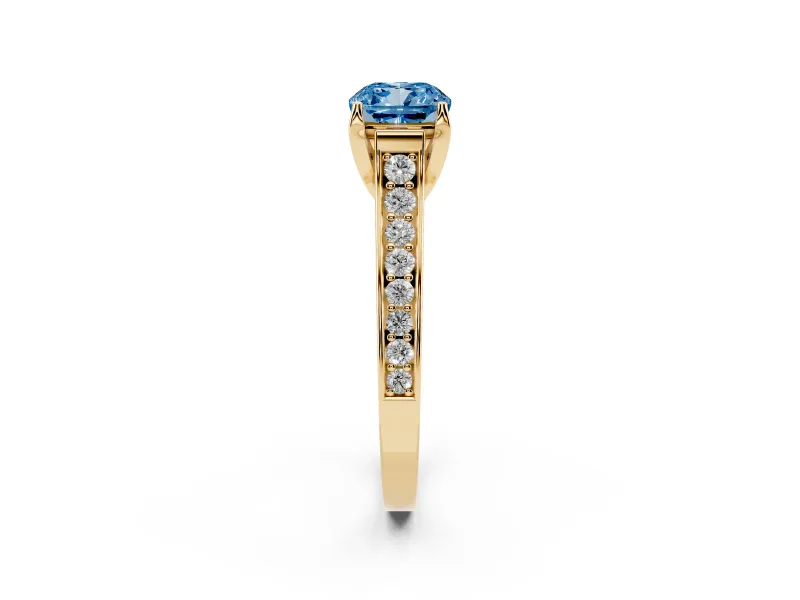 Fancy Blue Cushion Cut Diamond Solitaire Pavé Engagement Ring Set in Yellow gold with Prong Setting