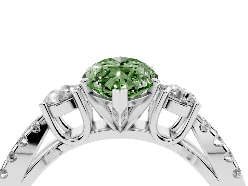 Fancy Green Marquise Cut Diamond Three-Stone Ring Set in Platinum with Pavé Split Shank and Prong Setting