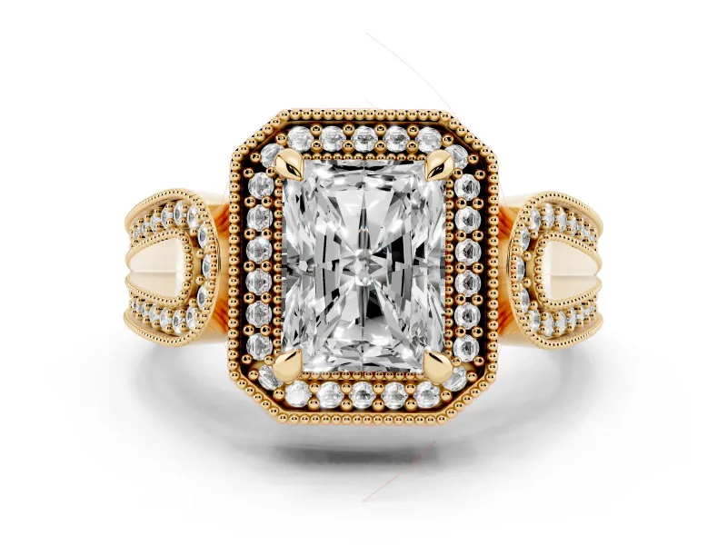 Radiant Cut Diamond Halo Ring Set in Yellow gold with Milgrain Accent Split Shank