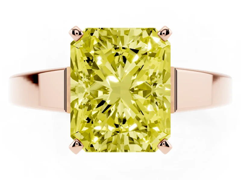 Fancy Yellow Radiant Cut Diamond Solitaire Engagement Ring Set in Rose gold with Prong Setting and Tapered Band