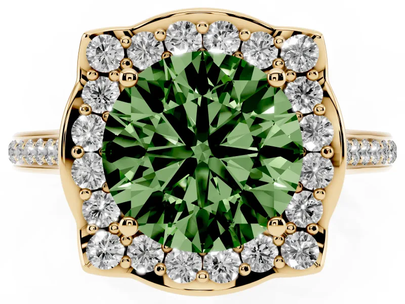 Round Halo Engagement Ring Setting for a Fancy Green Lab-Grown Diamond | Petal Tips | Yellow Gold