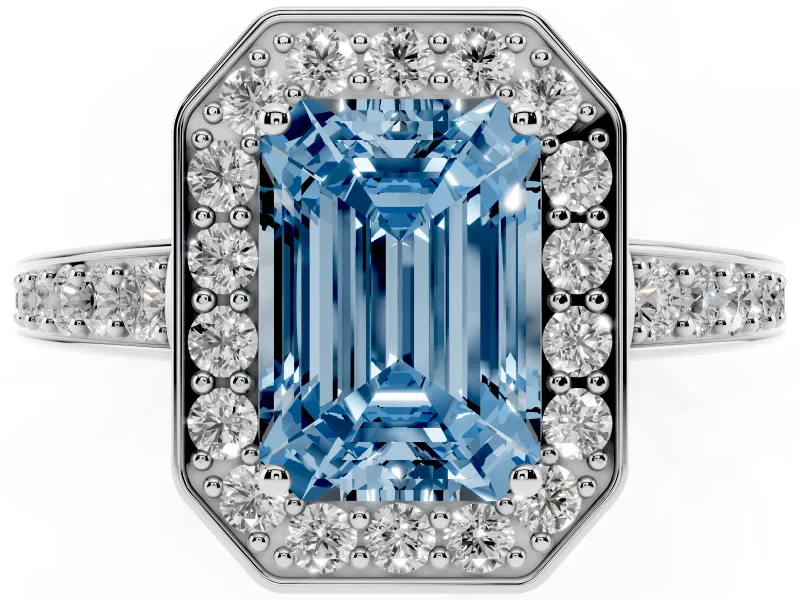 Fancy Blue Emerald Cut Diamond Halo Pavé Engagement Ring Set in Platinum with Bezel Setting