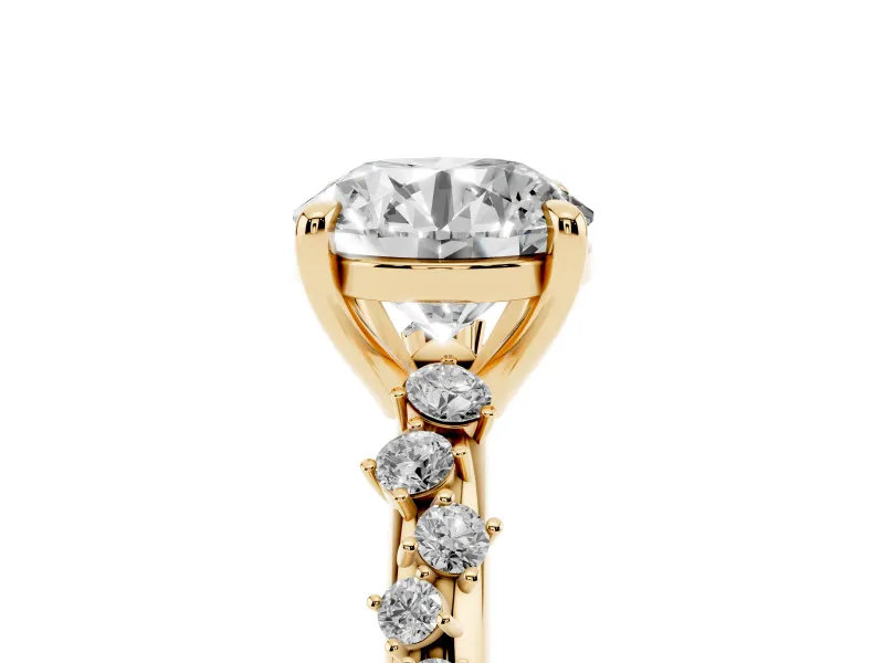 Round Cut Diamond Solitaire Vine Band Ring Set in Yellow gold with Round Accents and Prong Setting