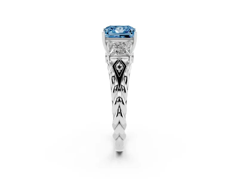 Fancy Blue Princess Cut Diamond Three-Stone Ring Set in White gold with Braided Band