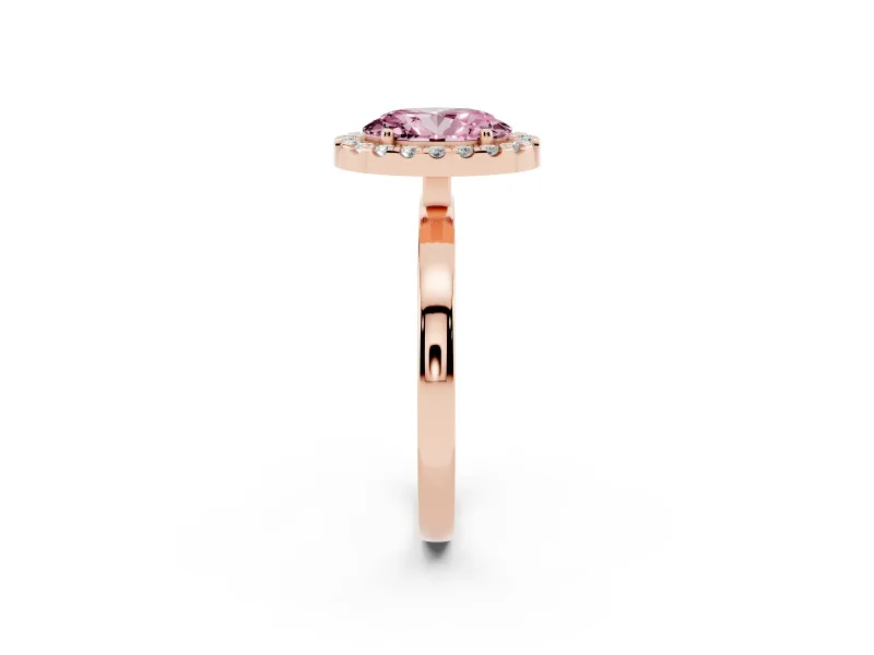 Fancy Pink Oval Cut Diamond Halo Solitaire Ring Set in Rose gold with Pavé Band and Prong Setting