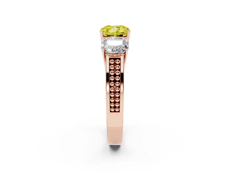 Fancy Yellow Cushion Cut Diamond Three-Stone Ring Set in Rose gold with Textured Band