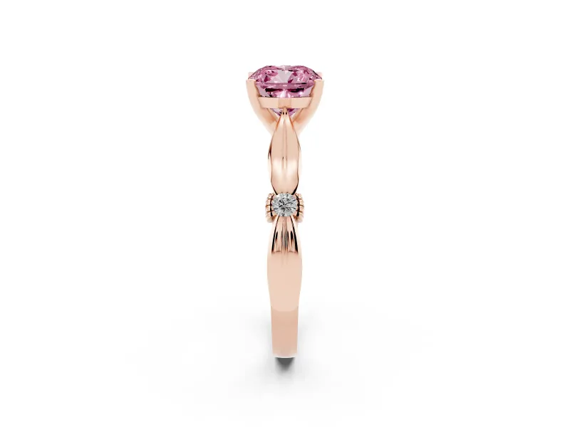 Fancy Pink Cushion Cut Diamond Solitaire Twisted Band Ring Set in Rose gold with Accent Stones and Prong Setting