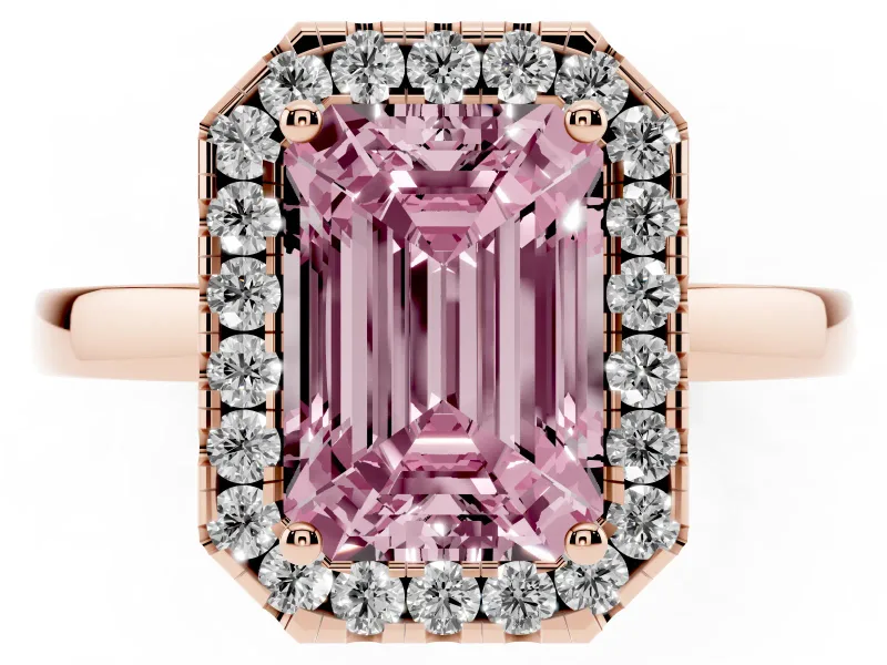 Emerald Cut Thin Halo Engagement Ring Setting for a Fancy Pink Lab-Grown Diamond | Plain Polished Band | Rose Gold