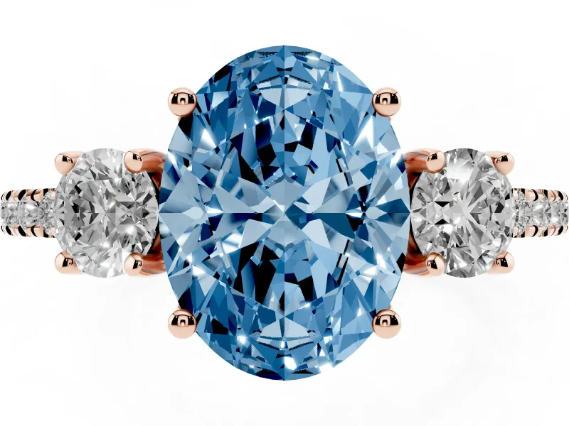 Fancy Blue Oval Cut Diamond Three-Stone Ring Set in Rose gold with Pavé Band and Graduated Sides