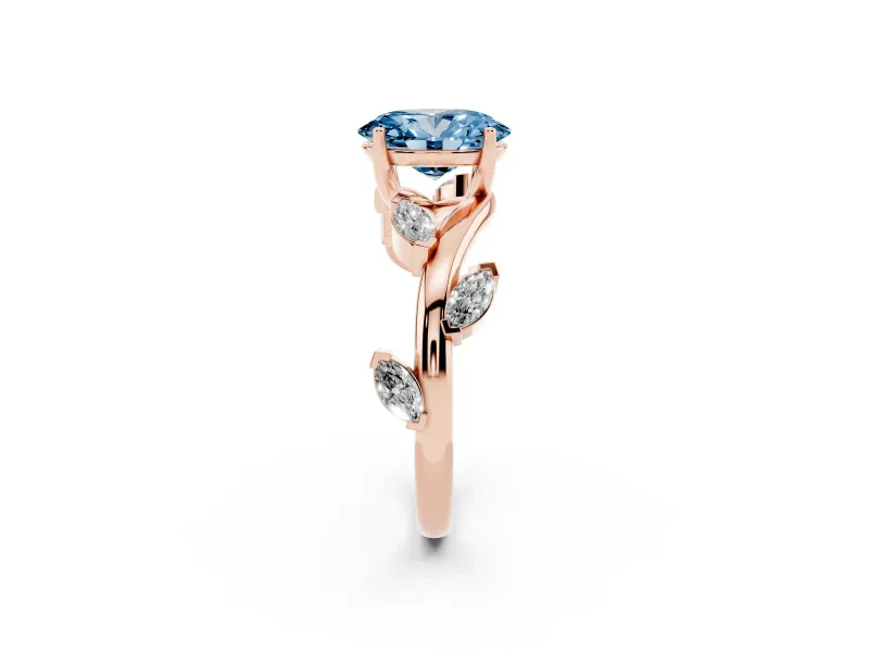 Fancy Blue Oval Cut Diamond Solitaire Ring Set in Rose gold with Twisted Marquise Accent Band