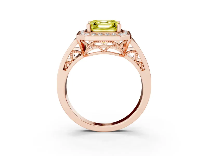 Asscher Cut Halo Engagement Ring Setting for a Fancy Yellow Lab-Grown Diamond | Channel-Set Split Shank | Rose Gold