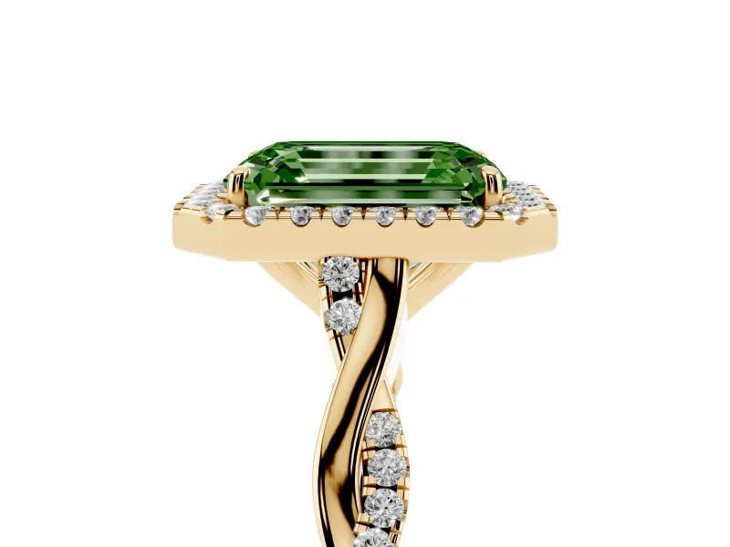 Emerald Cut Twist Halo Engagement Ring Setting for a Fancy Green Lab-Grown Diamond | Yellow Gold