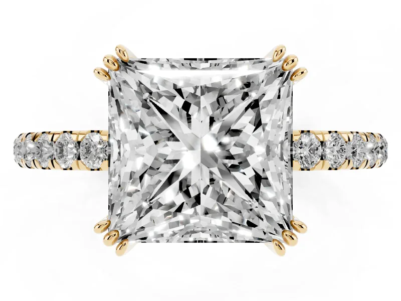Princess Cut Pave Solitaire Engagement Ring Setting | Double Claw Prongs | Yellow Gold