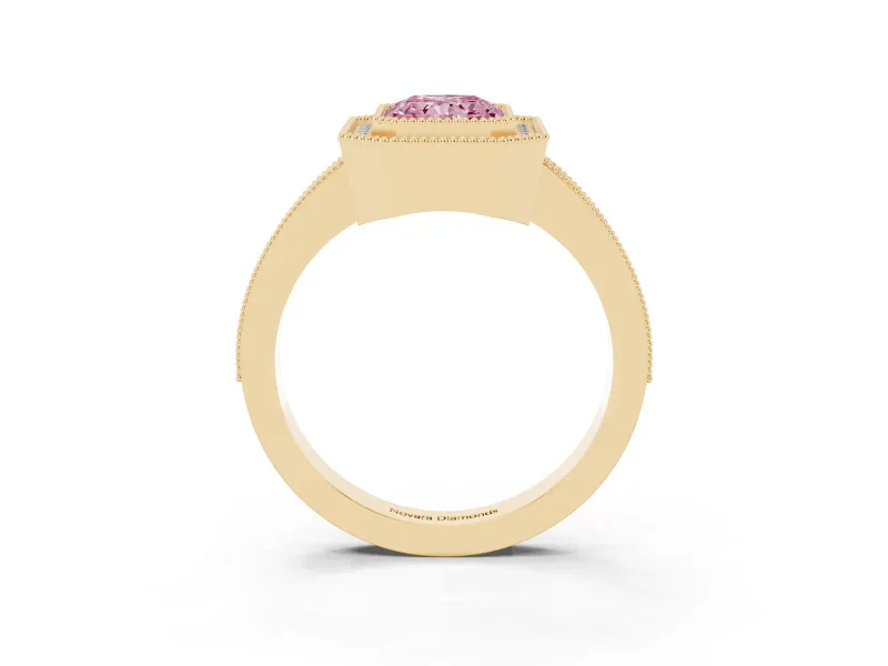 Fancy Pink Radiant Cut Diamond Halo Engagement Ring Set in Yellow gold with Pavé Band and Round Halo Stones