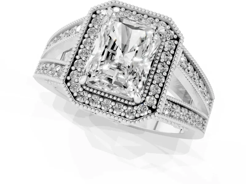 Radiant Cut Vintage Milgrain Halo Engagement Ring Setting | Pave Split Shank | White Gold