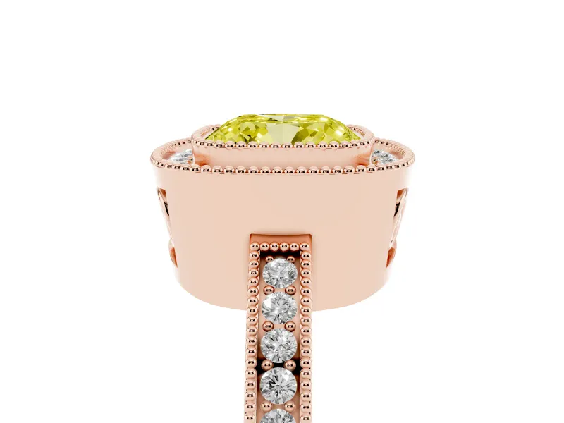 Fancy Yellow Cushion Cut Diamond Halo Ring Set in Rose gold with Pavé Band and Milgrain-Edged Prongs