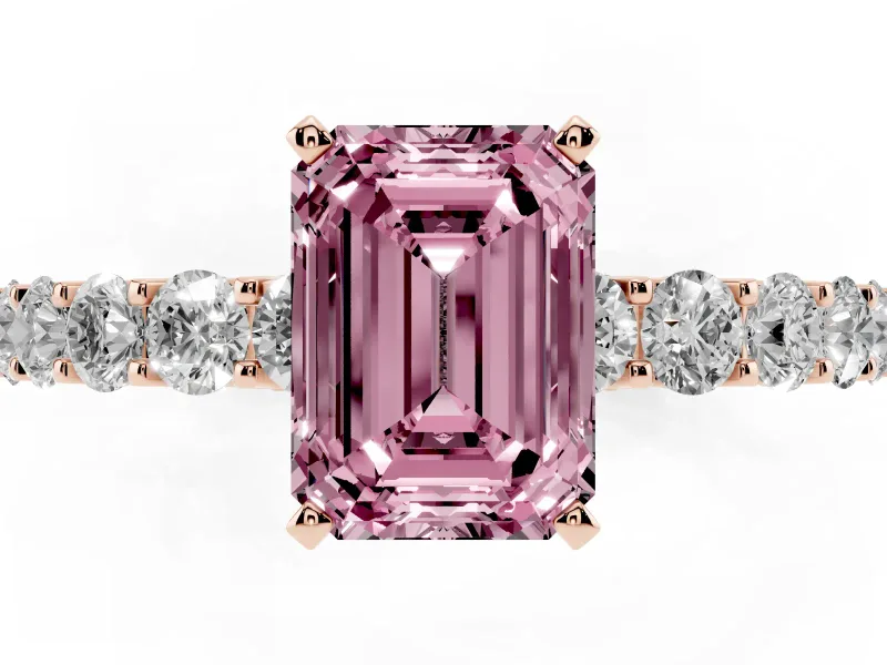 Emerald Cut Shared Prong Engagement Ring Setting for a Fancy Pink Lab-Grown Diamond | Rose Gold