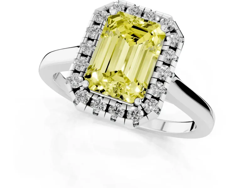 Fancy Yellow Emerald Cut Halo Round Diamond Solitaire Ring Set in White gold with Pavé Band and Prong Setting
