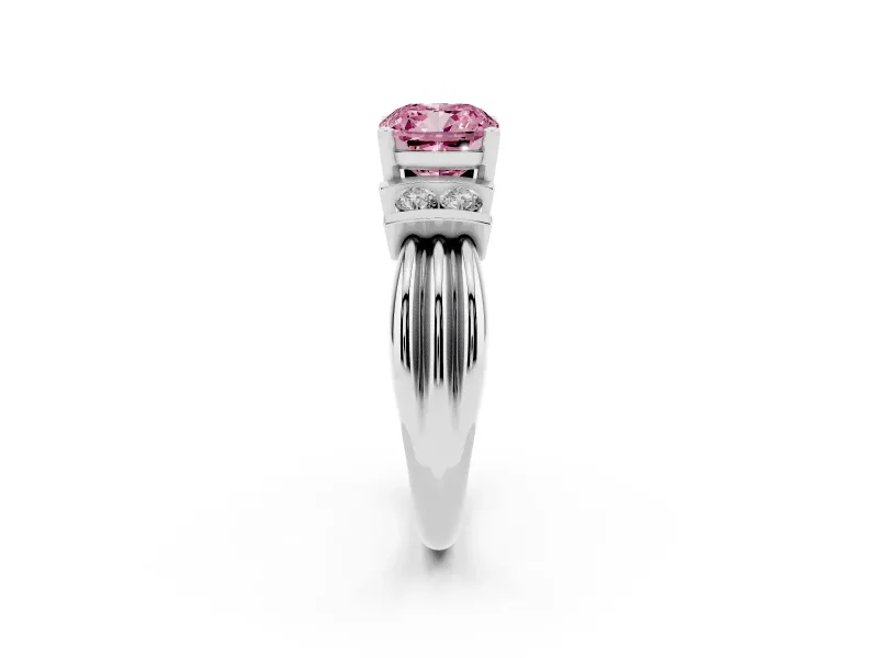 Fancy Pink Three-Stone Cushion Cut Diamond Channel Set Ring Set in Platinum with Bar Prongs