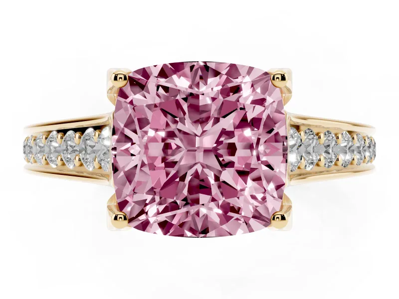 Fancy Pink Cushion Cut Diamond Solitaire Pavé Engagement Ring Set in Yellow gold with Prong Setting